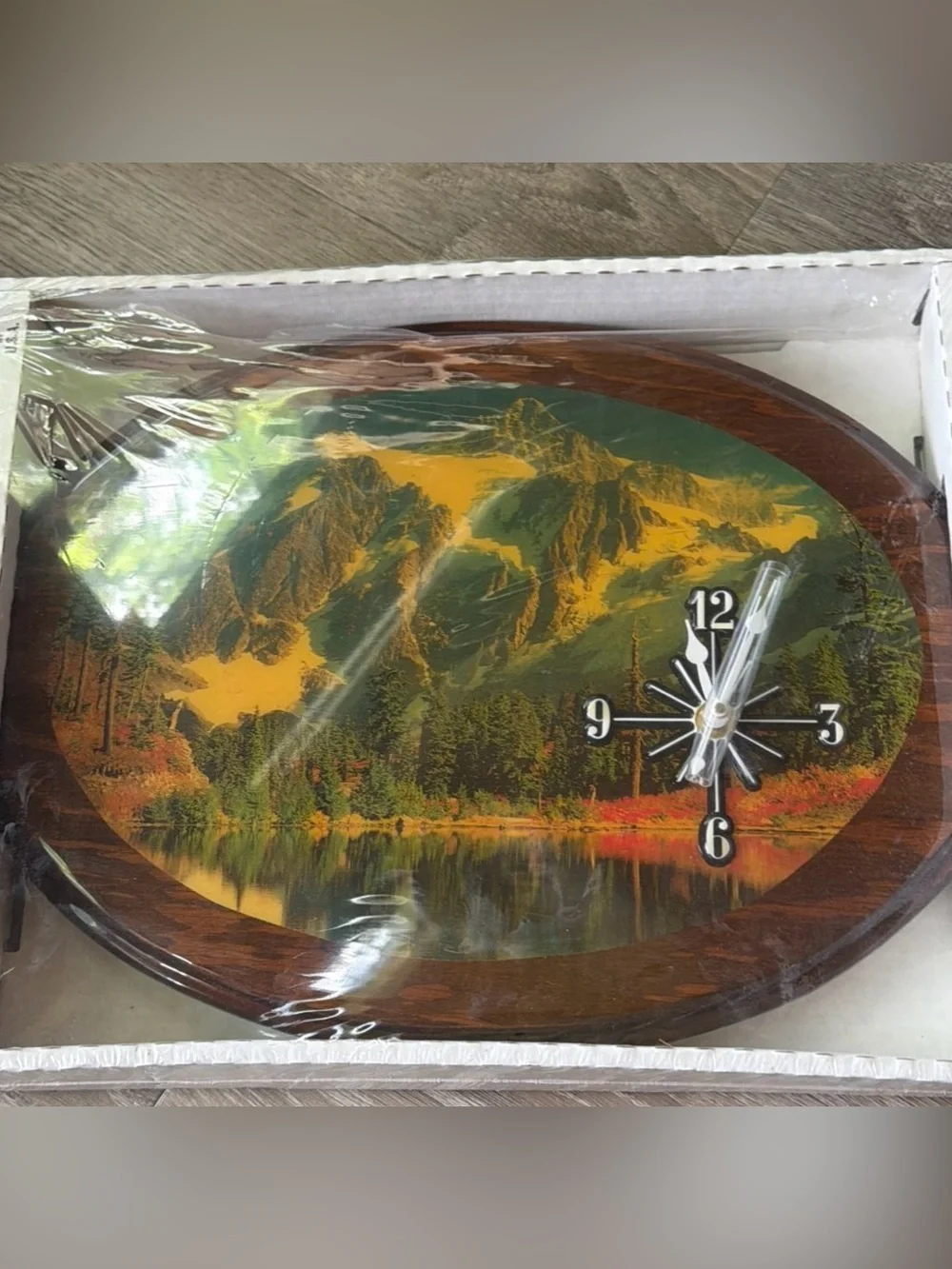 Wooden Resin Picture Quartz Clock Mountain Scene New In Box